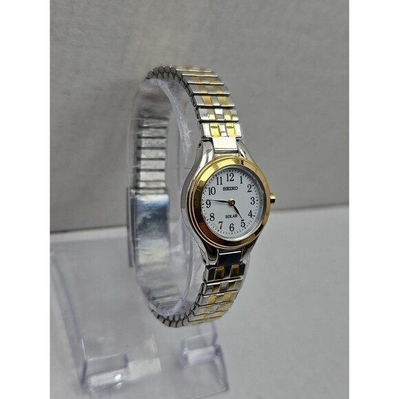 Seiko Solar Watch Womens 22mm Gold Silver Two Tone Dainty Petite V115-0AG0 Runs - Picture 3 of 12